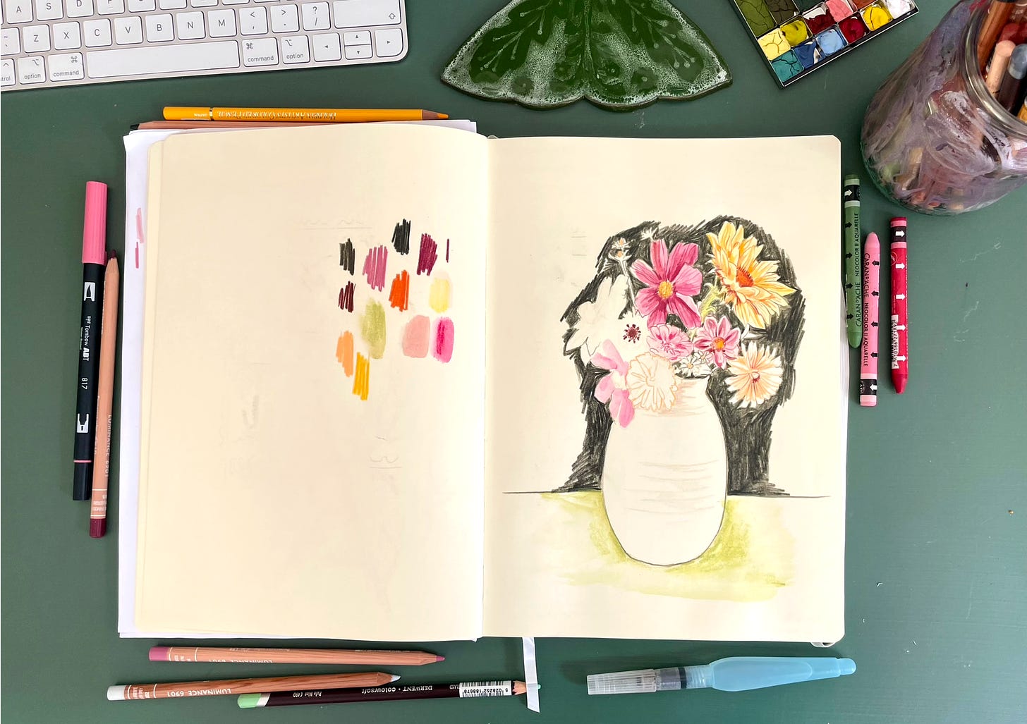 Sketchbook with a drawing of a vase with flowers, pens and pencils around it