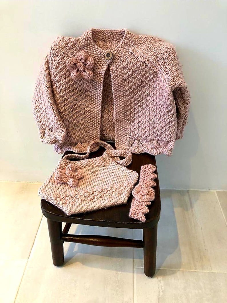 Knitting Pattern Girls 3 Piece Outfit. Summer Jacket/Cardigan, Bag and Headband image 2