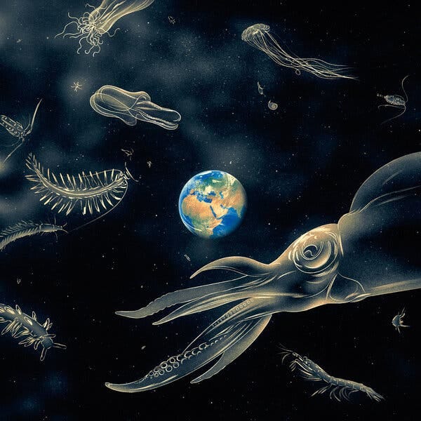 An illustration of sea creatures floating in outer space. The planet Earth is in the center.