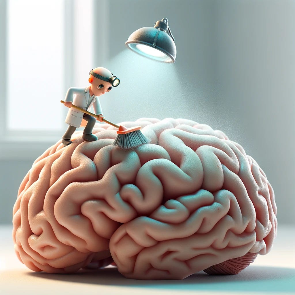 A whimsical yet realistic image depicting a tiny, cartoonish figure wearing a white lab coat and a headlamp, standing on a large human brain. The figure is holding a miniature broom and dustpan, actively sweeping and cleaning the brain's surface, which is illustrated with intricate detail to emphasize the brain's complex textures and folds. The setting is bright and clean, highlighting the meticulous care being taken in this imaginative brain-cleaning process. The little figure appears focused and professional, symbolizing the concept of mental clarity and the removal of unwanted thoughts or information.
