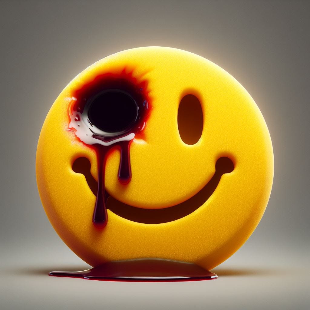 a yellow smiley face with a hole in the forehead with dark red syrup coming out