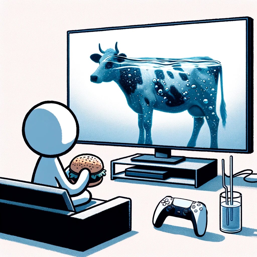 An illustration depicts a cartoon figure sitting in front of a large screen television. The figure is rendered with muted colors and minimalist lines and is shown in profile from the side, facing the screen while eating a burger. The TV displays a vivid image of a cow that looks kinda filled with water. To the figure's side, there's a PS5 controller and a glass with liquid that inexplicably has two straws in it.