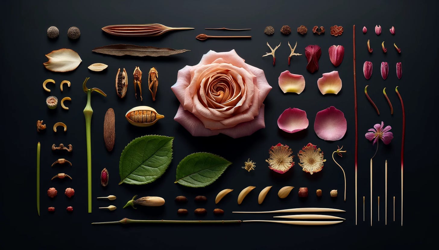 Create a wide-format, hyper-realistic photograph-style image (16:9) of a disassembled rose flower showing all its parts meticulously arranged in a knolling composition. Include the stamen (male part), pistil (female part), petals, sepals, leaves, stipules, and the stem, each part laid out in a precise, grid-like pattern on a sleek, dark surface. The image should focus on capturing the natural textures and rich colors of each component, reflecting their delicate beauty and biological functions in a lifelike manner.