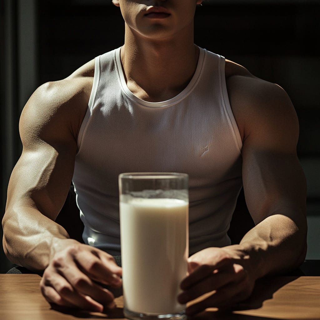 Strong male Korean athlete sitting at a table with a large glass of delicious milk.