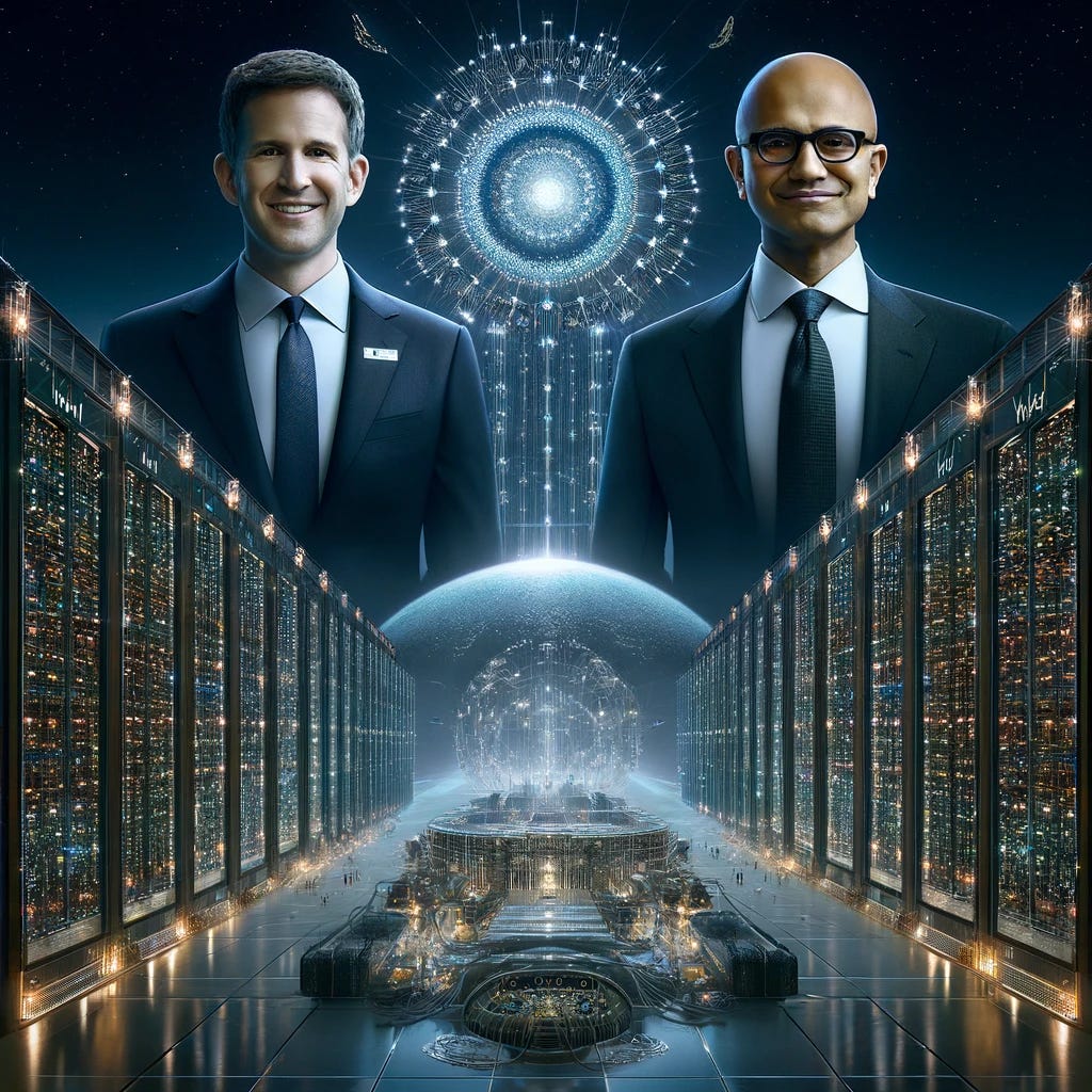 Create an image capturing the essence of a monumental collaboration between Microsoft and OpenAI for the 'Stargate' supercomputer project. Visualize Sam Altman, CEO of OpenAI, and Satya Nadella, CEO of Microsoft, as two visionary leaders standing side by side in front of a black backdrop. Between them, the logos of OpenAI and Microsoft are prominently displayed, symbolizing their partnership. The backdrop transitions into a futuristic scene where a sprawling, high-tech data center, named 'Stargate', emerges. This facility is imagined to be the pinnacle of AI technology, with a structure that radiates innovation and progress. The data center is powered by millions of AI chips, visualized through glowing lights and intricate circuits that envelop the building, showcasing its capacity to host and power the next generation of AI. Above, the night sky is illuminated by a network of satellites and digital connections, representing the global impact of 'Stargate'. This image reflects the ambition, collaboration, and technological advancement that this project signifies.