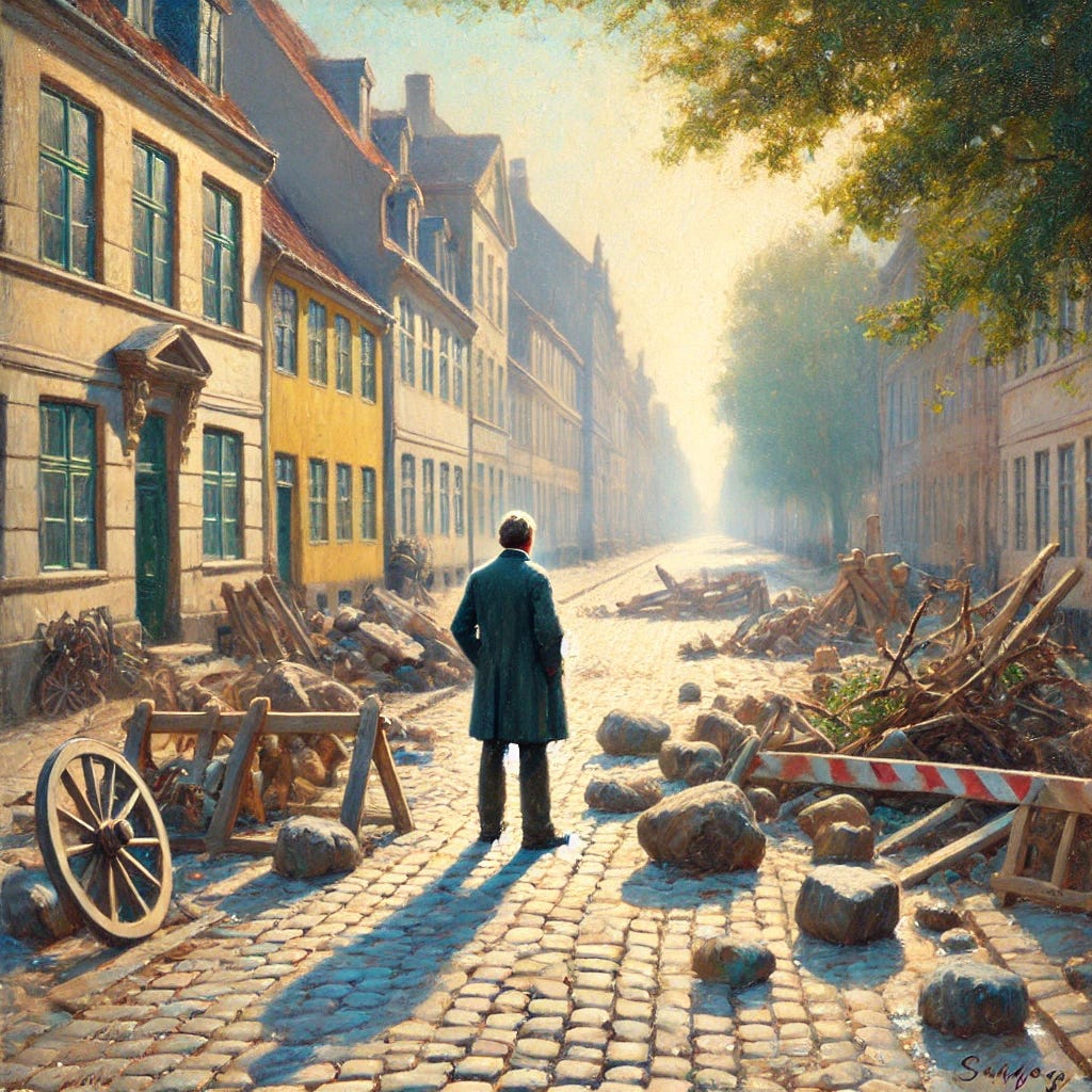 An impressionistic oil painting in the style reminiscent of Fritz Syberg, depicting a man standing in front of a road blocked by multiple objects, barriers, and dangers. The scene is filled with soft, dappled light and has a serene atmosphere. Surrounding the man are old European buildings and cobblestone streets, reflecting the quaint and historic charm of Copenhagen. The road is blocked by obstacles such as large stones, fallen trees, and symbolic dangers, while the man contemplates his path. The color palette is gentle and pastel-like, capturing the peaceful essence of a sunny day.