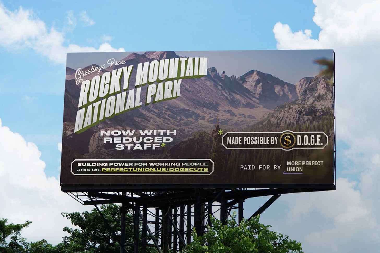 A billboard that says "Greetings from Rocky Mountain National Park. Now with reduced staff."