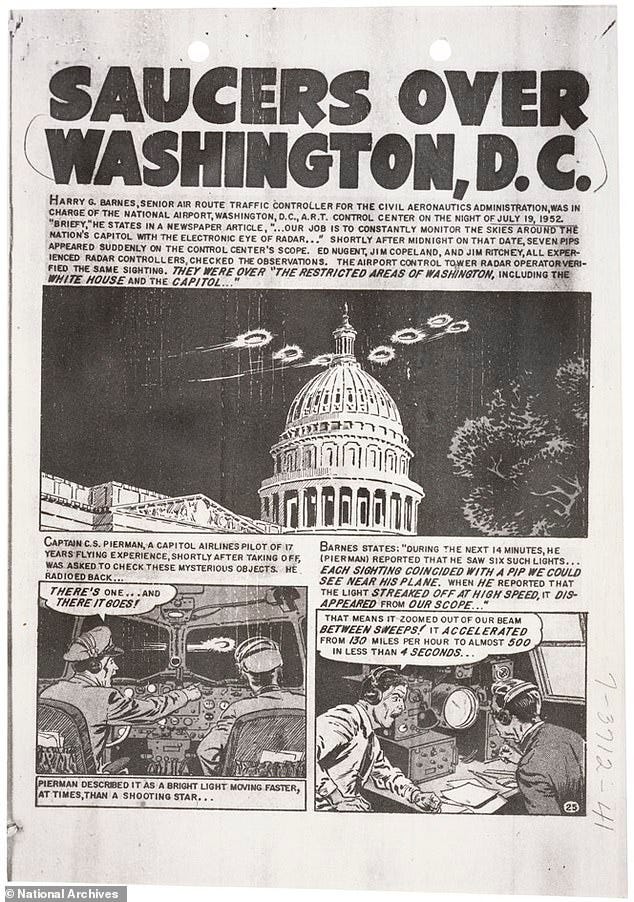 The document claims the CIA and US Air Force worked to 'debunk' mass UFO sightings in 1952, manny of which came from Washington DC