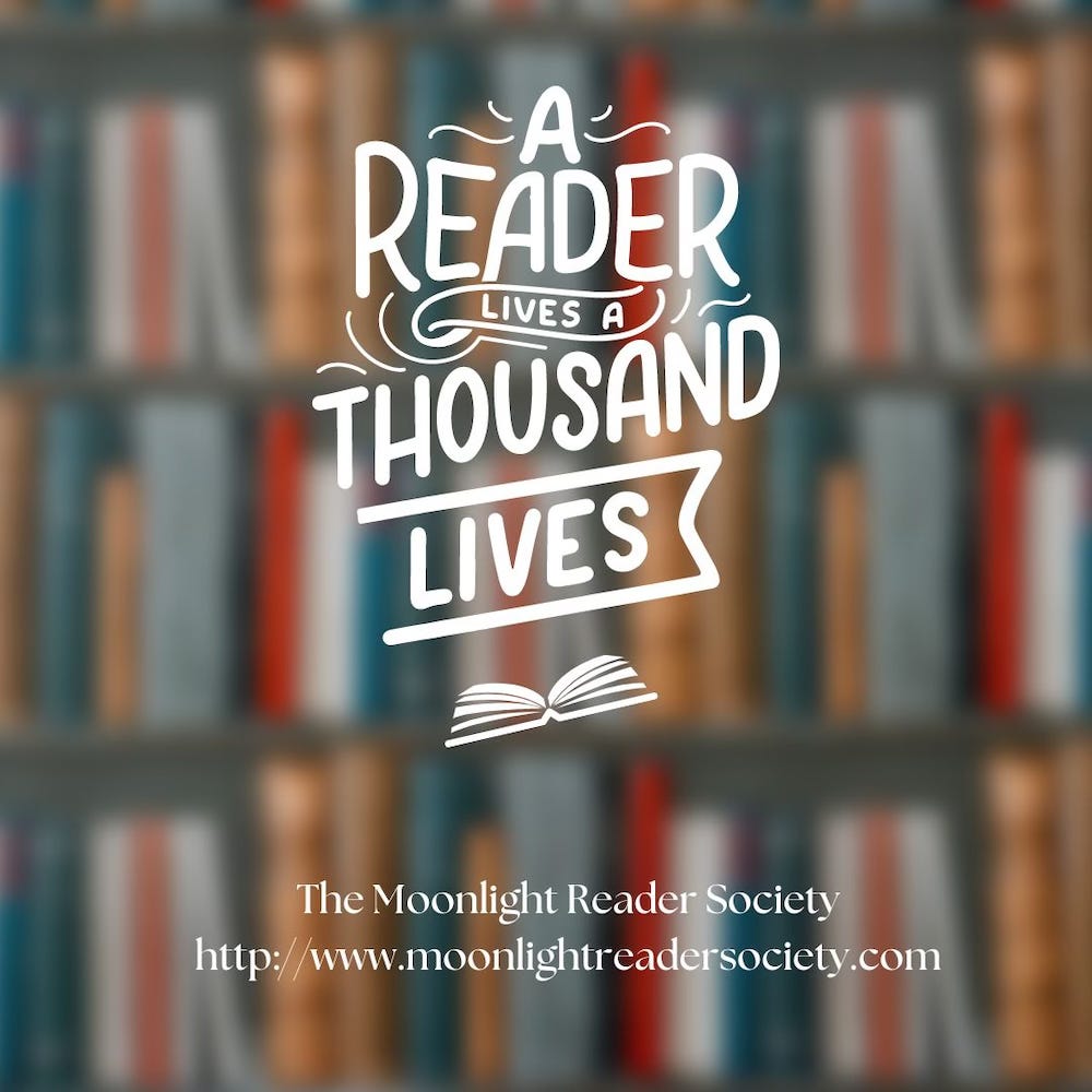 Promo for The Moonlight Reader Society featuring a quote and bookshelves