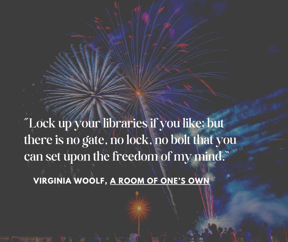 Image of fireworks in background with Virginia Woolf quote