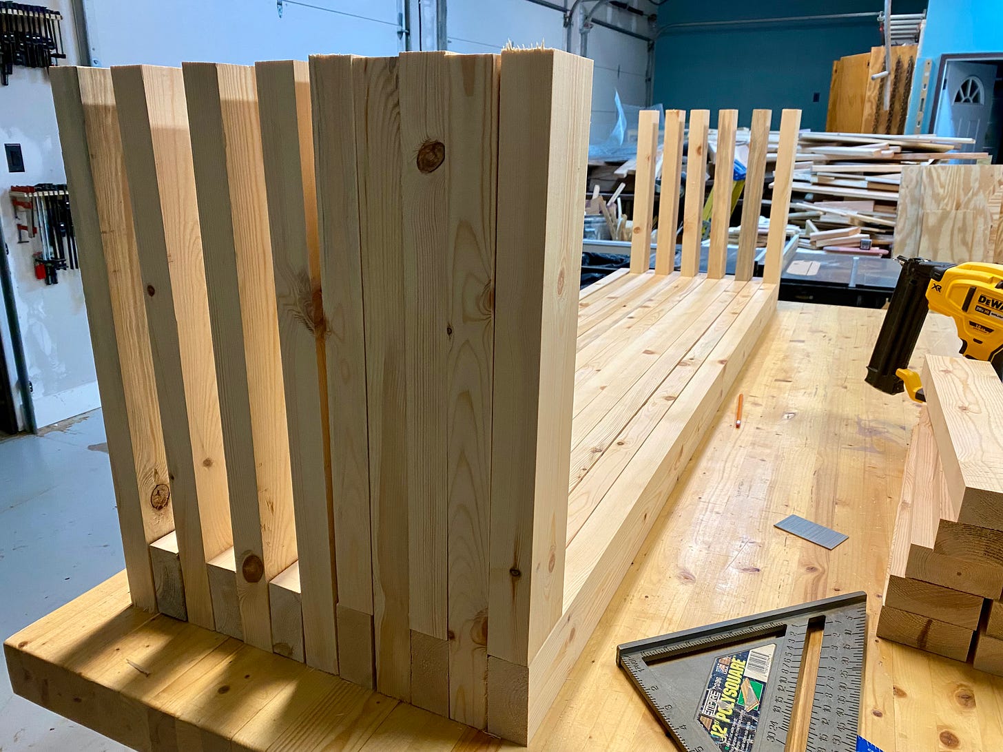 Wood benches in the process of construction