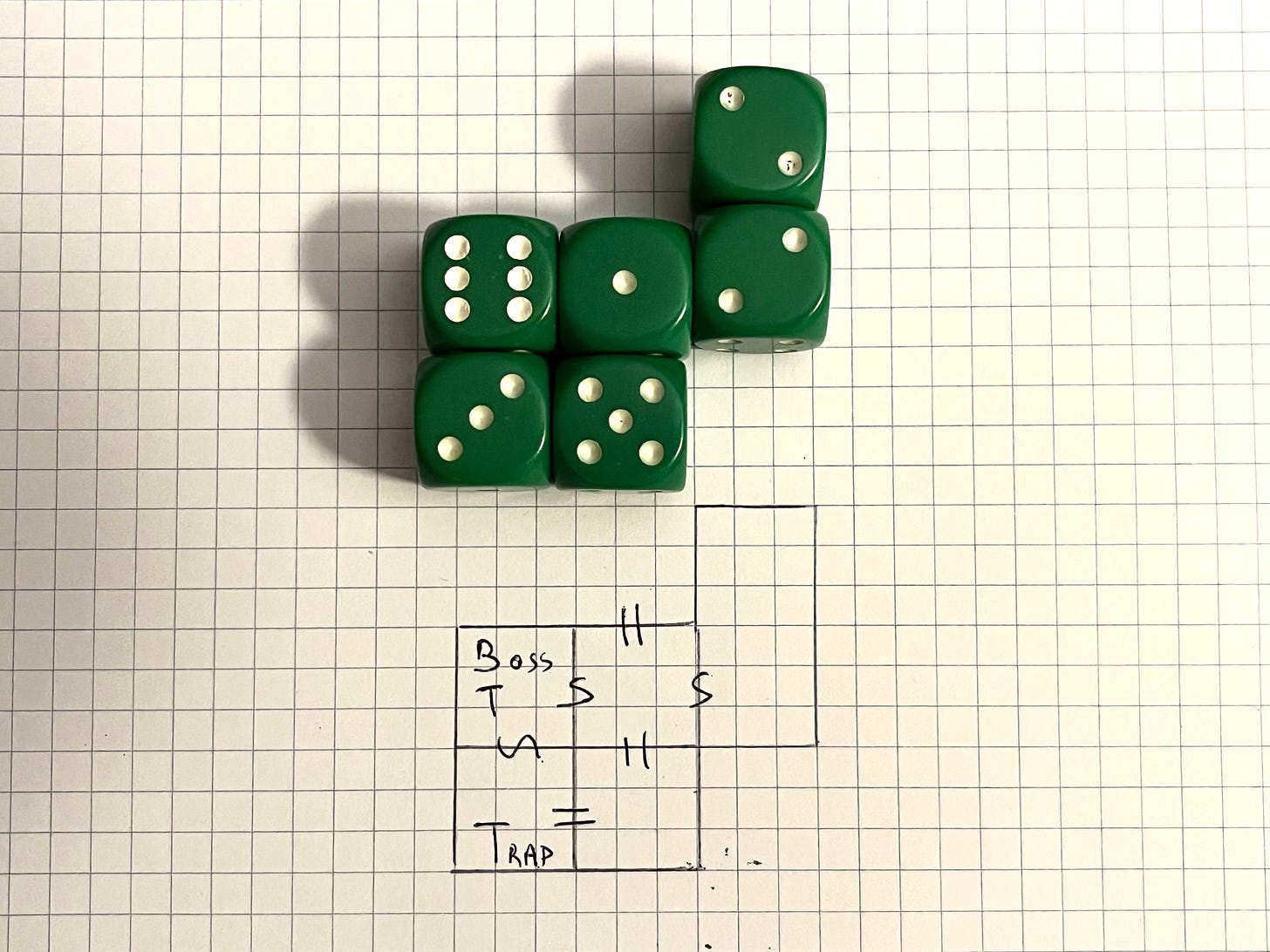 Six dice over a sheet of paper and the corresponding generated dungeon map