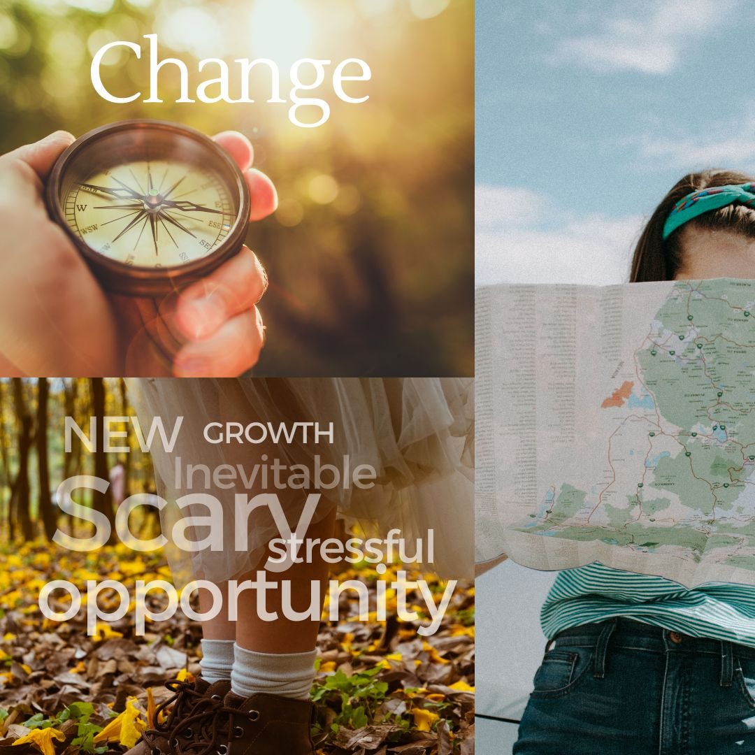 Three photos, two on left and one on the right. The upper left has a hand holding a compass. The bottom left shows a skirt and feet. The photo on the right is a woman in a headband reading a map.