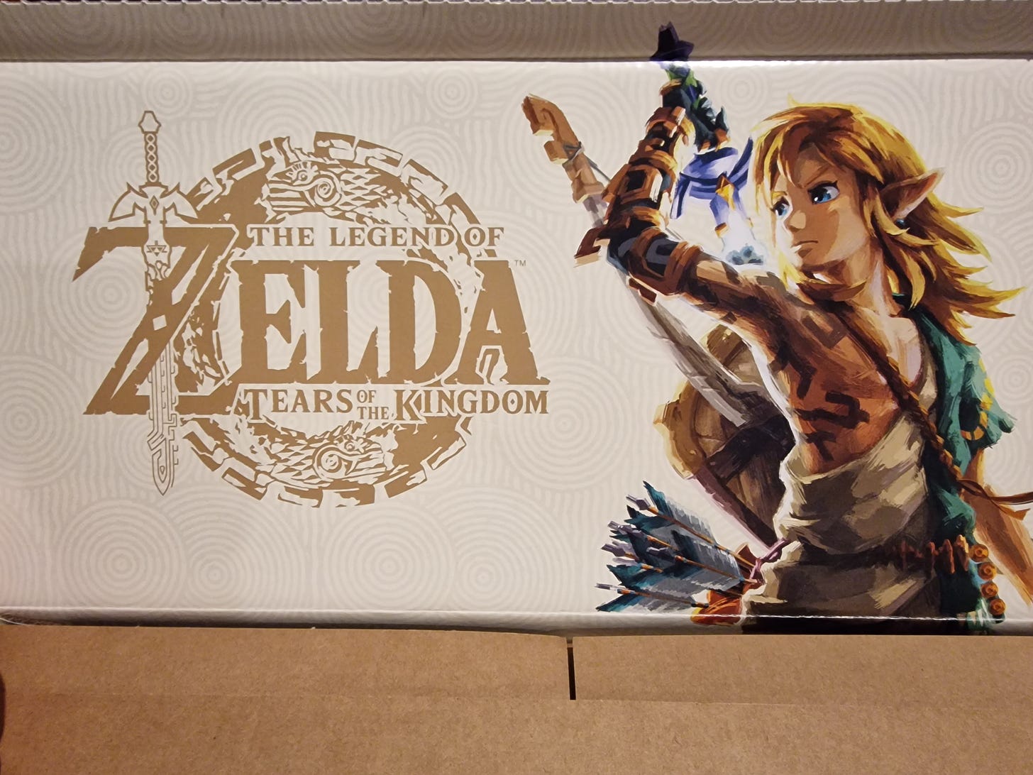 Image of Link posing with the Master Sword and the white and gold logo of the game