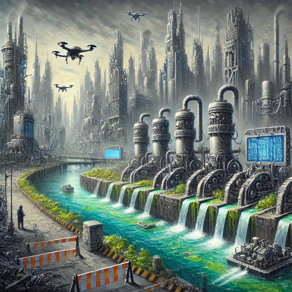 A dystopian cityscape portraying a world under strict government control and surveillance. In the foreground, a polluted river is being cleansed by advanced robotic filtration systems designed to resemble traditional temples, symbolizing a blend of tradition and technology. Along the riverbank, barriers and warning signs enforce strict regulations. The city skyline in the background features massive, imposing government buildings, surveillance drones patrolling the air, and glowing digital screens broadcasting public safety messages. The atmosphere is sterile yet tense, with a mix of cold artificial lighting and patches of vibrant greenery from ecological restoration efforts. The painting is done in an expressive oil painting style with bold, dramatic strokes and contrasts of metallic grays, greens, and blues.