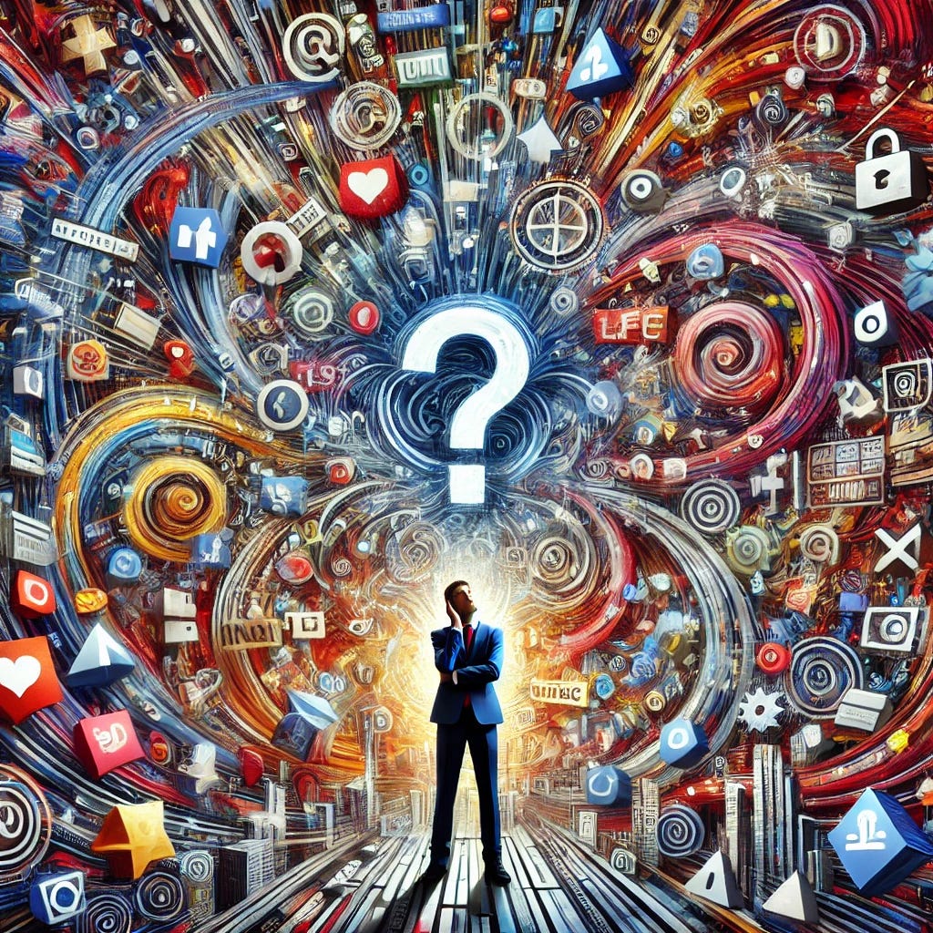 An abstract and artistic depiction of a person surrounded by a chaotic swirl of bright, overlapping text, symbols, and fragmented logos representing vendor messaging and noise. The figure is at the center, with a puzzled and overwhelmed expression, while the background features a storm of colorful, disorganized shapes and digital artifacts symbolizing confusion and information overload. The scene conveys a sense of chaos and disarray.