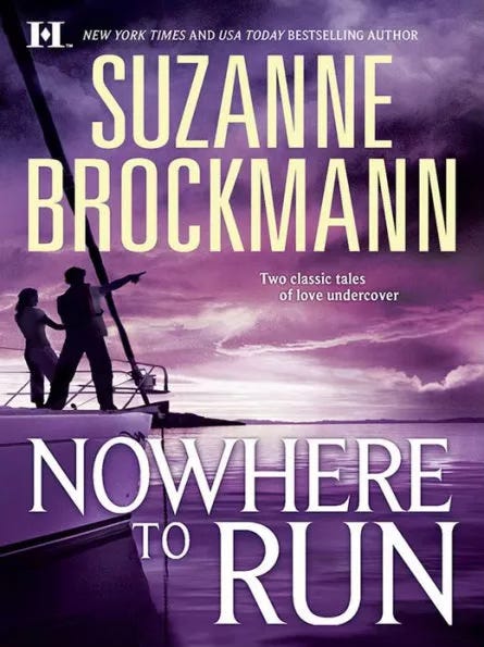 Cover for the 2-in-1 anthology Nowhere to Run by Suzanne Brockmann features a purple tinged photo of a sailboat, ocean and sky with two silhouetted figures. 