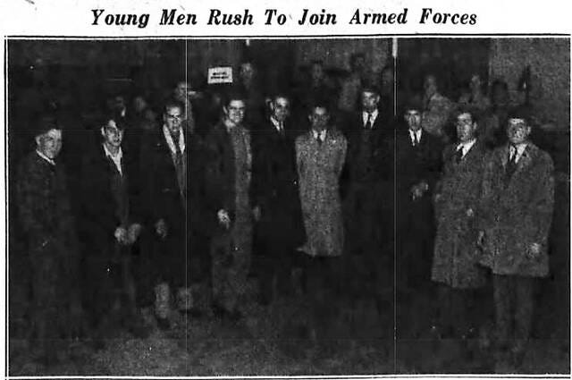 <p>Left to right: Frank Cwiklik, Glen Lyon; Louis Vernero, Pittston; Philip Buscemi, Pittston; Erskine L. Solohon, Wilkes-Barre; Harold Miller, Kingston; George Bowalick, Kingston; Thomas Hrivnak, Luzerne; Robert McNevin, Pittston; Enzo Andreoni, Plains; Robert Lewis, La Plume. Published Evening News Dec. 8, 1941.</p>