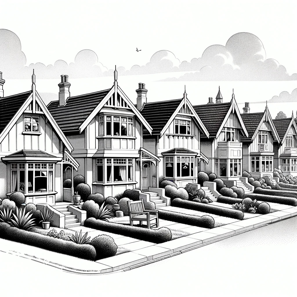 Illustrate a scene of state houses in New Zealand in the distinctive, elegant New Yorker magazine cartoon style. The image should depict a row of charming, single-story homes characteristic of New Zealand's mid-20th century state housing, with a whimsical twist. These homes should feature simple, yet stylish lines, modest designs, and a touch of playful character, capturing the essence of New Zealand's architectural heritage. The houses are set against a backdrop of lush greenery and clear skies, embodying a serene, community-focused atmosphere. The artwork should be rendered in black and white, utilizing clean lines and a minimalist aesthetic to convey the scene's beauty and tranquility, adding a humorous or thought-provoking caption typical of New Yorker cartoons.