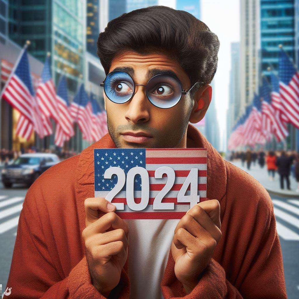 Indian man curiously looking at what 2024 brings to him in USA