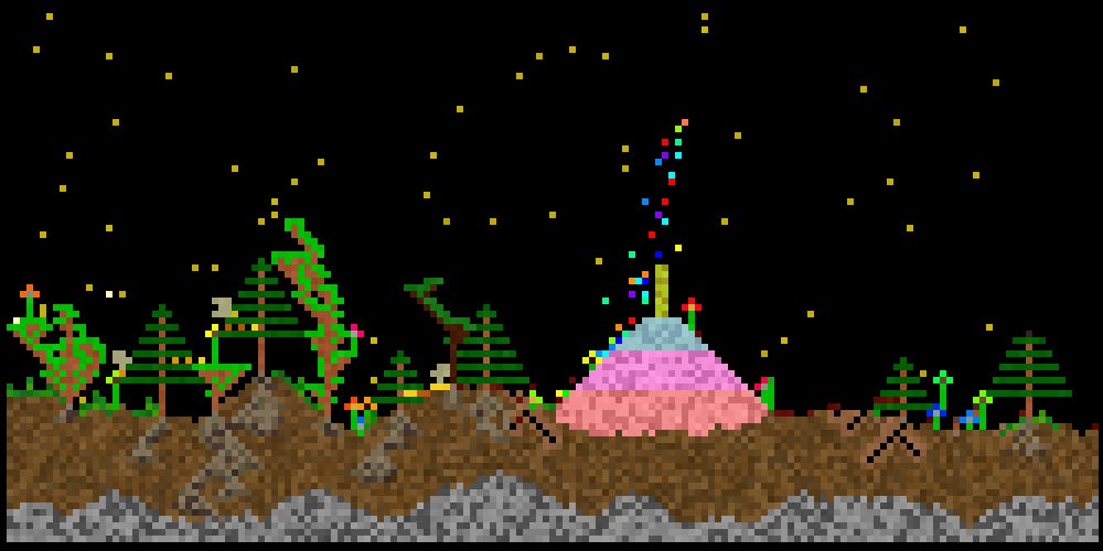 Screenshot of a bee-filled forest made in Sandboxels, featuring the new Bee Hives and Ant tunnels, along with a pyramid of Rose, Purple, and Blue Gold with a Pickle on top and a Rocket showering down rainbow Petals.