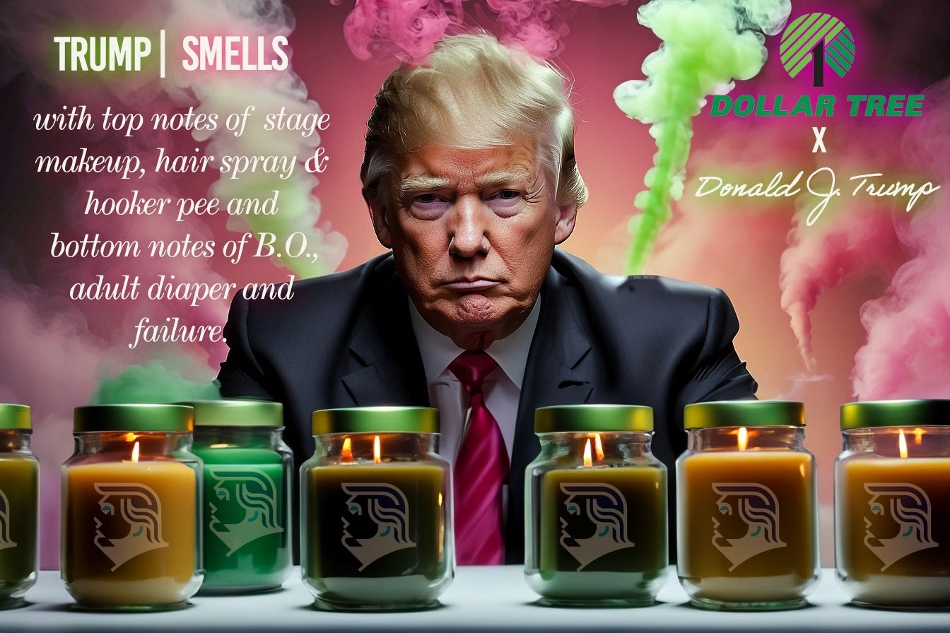 Photo by Seth Abramson on December 24, 2023. May be an image of 1 person, condiment, hot sauce and text that says 'TRUMP| SMELLS with top notes of stage makeup, hair spray & hooker pee and bottom notes ofB.O., adult diaper and failure. DOLLAR TREE X Denaldg Trump'.