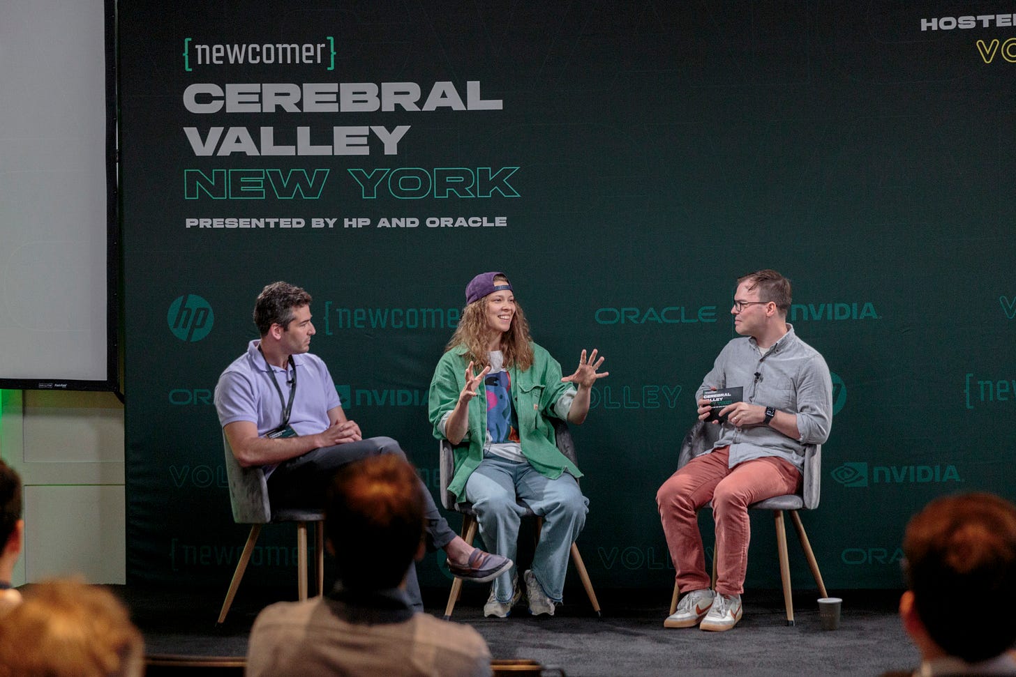 James Wilsterman interviews Suno CEO Mikey Shulman and Recraft CEO Anna Veronika Dorogush at Cerebral Valley New York in June 2024. PhotoSarah Blesener / Storycast Productions