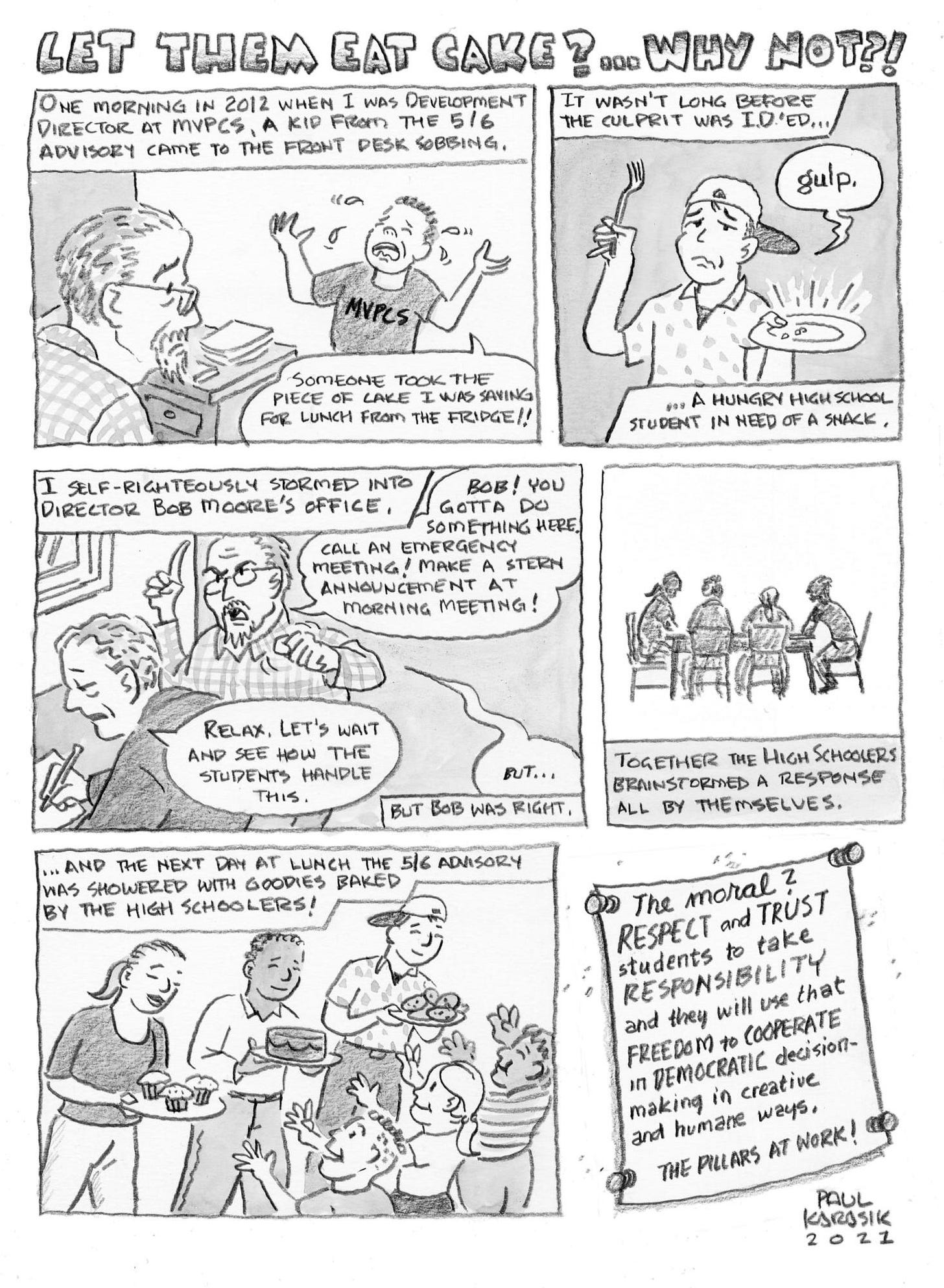 A six panel comic. 1: “One morning in 2012 when I was Development Director at MVPCS, a kid from the 5/6 Advisory came to the front desk sobbing. “Someone took the piece of cake I was saving for lunch from the fridge!!” 2. It wasn’t long before the culprit was I.D.’d. . ..  A hungry high school student in need of a snack. 3. I self-righteously stormed into Director Bob Moore’s office. “Bob! You gotta do something here! Call an emergency meeting! Make an announcement at Morning Meeting!!” “Relax. Let’s wait and see how the kids handle this.” “But. . .” But Bob was right. 4. Together high schoolers brainstormed a response all by themselves. 5. And the next day at lunch the 5/6 advisory was showered with goodies baked by the high schoolers! 6. The moral? Respect and trust students to take responsibility and they will use that freedom to cooperate in democratic decision-making in creative and humane ways. The ‘pillars’ at work! 