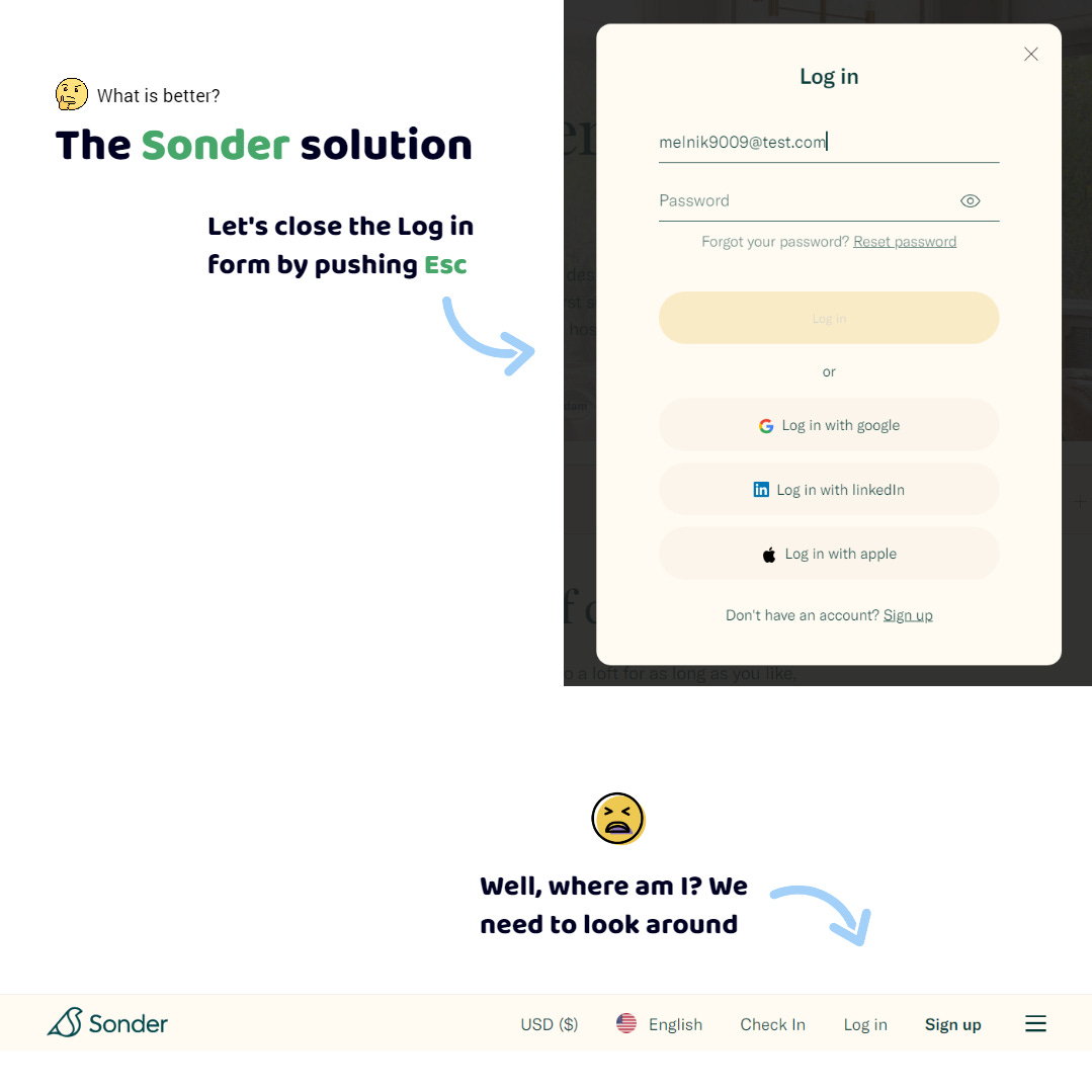 The Sonder app. I wanted to log in. I opened the login form in the modal window. No, I wanna check the site again. I press Esc. Damn, where am I? The application does not indicate my position in any way