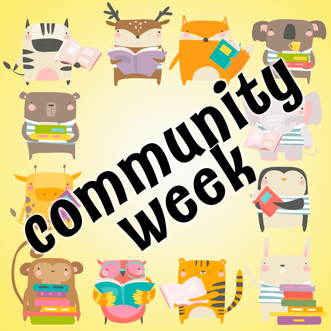 a bunch of cartoon animals with text reading: community week