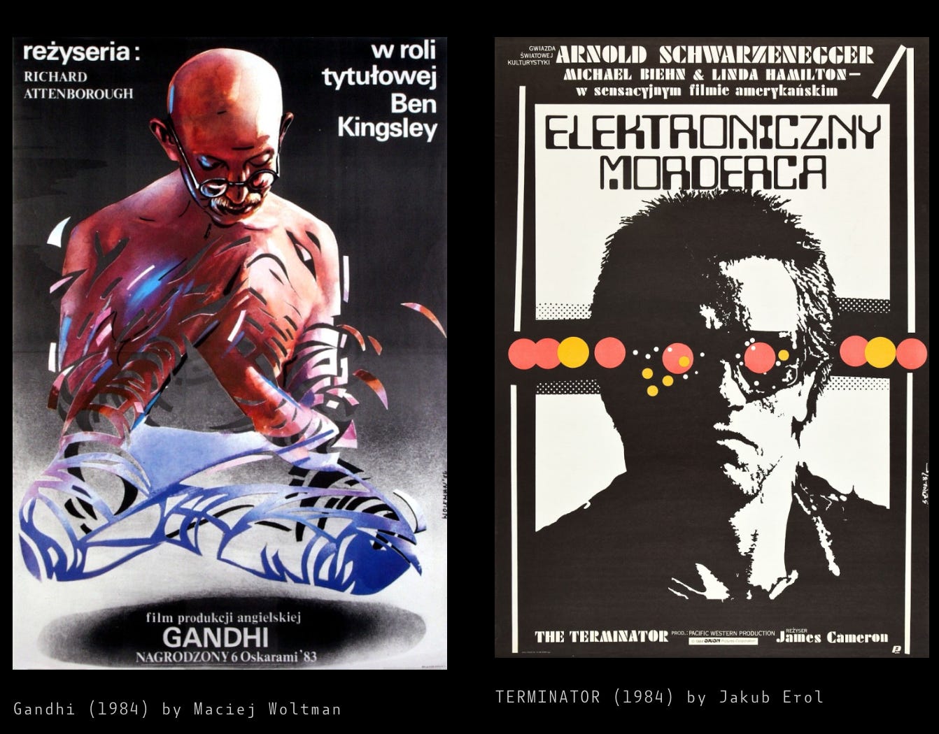  Two Polish movie posters. On the left, a stylised illustration for the film ‘Gandhi’ shows a bald figure in profile with wire-frame elements across the body. Text includes director Richard Attenborough and actor Ben Kingsley. On the right, a poster for ‘The Terminator’ features a high-contrast black and white portrait of a man with red sunglass lenses, surrounded by a geometric border. Both list 1984 as the year and the artists' names, Maciej Woltman and Jakub Erol, respectively.