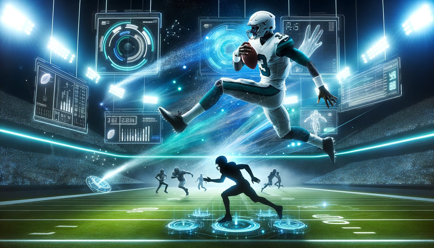 Digital render: A futuristic football field illuminated with blue and green lights, featuring holographic displays floating above, showcasing various statistics. In the foreground, a modern, athletic quarterback is frozen in time, leaping over a defender with the ball securely in hand. Fading into the background, a silhouette of a traditional pocket QB stands, offering a contrasting glimpse into the past.