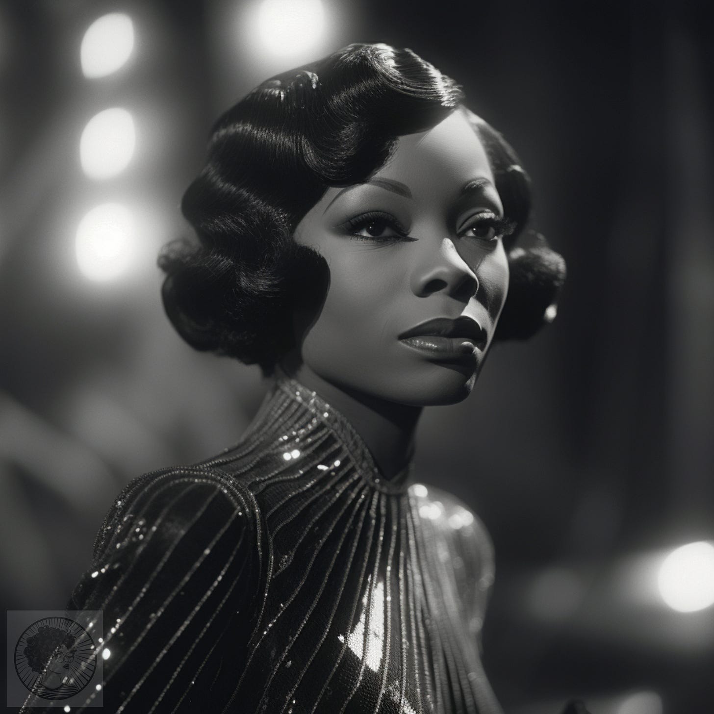 black-and-white photograph of a black woman, 1920s dress, in the style of film noir