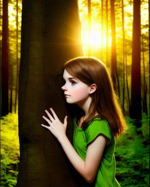 wistful girl with brown hair and bright green eyes stands with her hand on a tree trunk in a forest sunset