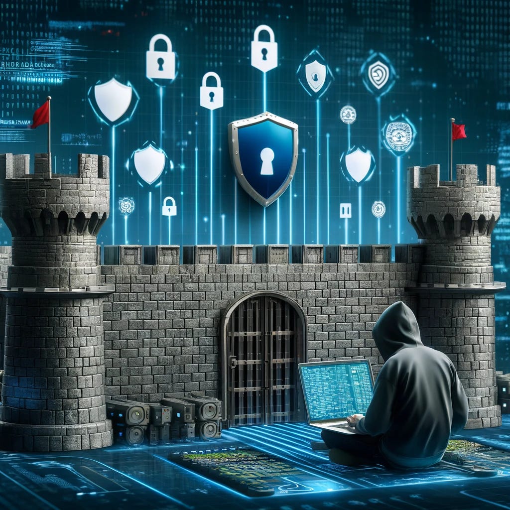 A digital fortress with a strong, impenetrable wall, guarded by advanced security systems and surveillance cameras. In the foreground, a hacker wearing a hoodie is seen trying to breach the fortress with code and digital tools. The fortress is protected by shields, padlocks, and firewall symbols. The background shows binary code and a digital grid, emphasizing the cybersecurity measures in place to protect against hacking attempts.