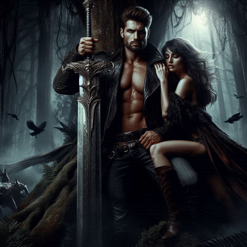 um homem macho alfa numa selva sombria e misteriosa com uma espada enorme nas mãos e uma mulher linda abraçando ele