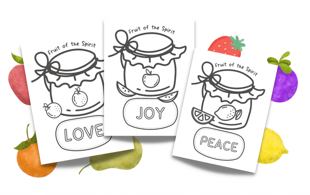 This image shows three Fruit of the Spirit coloring pages on a background of fruit!