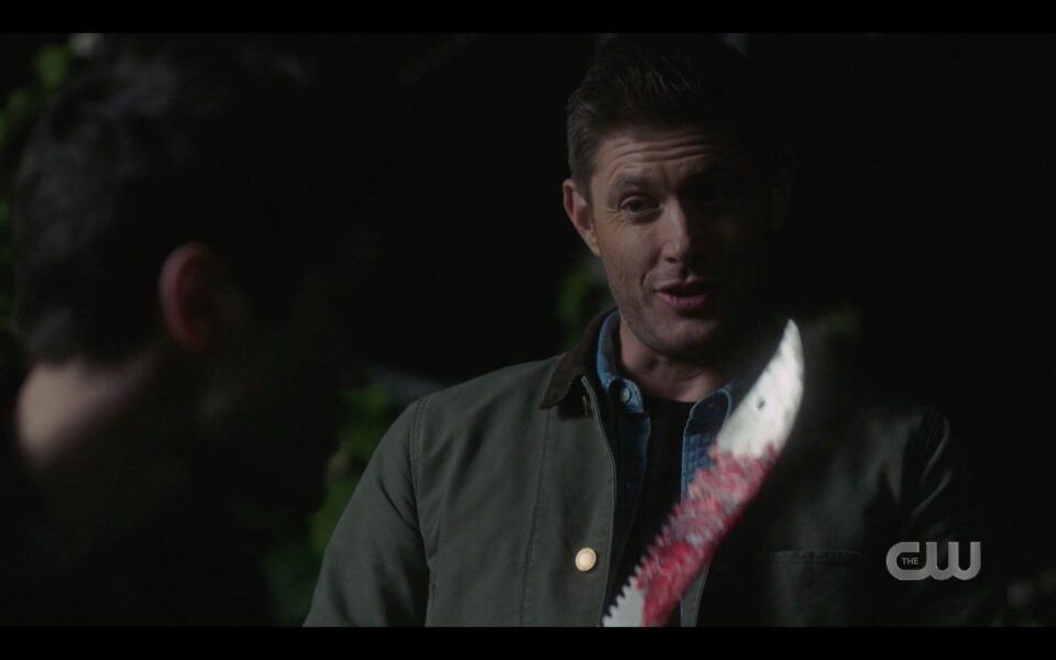 SPN finale Dean Winchester with bloody machete outside barn