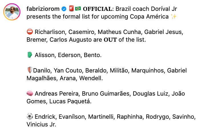 An Instagram post from Fabrizio Romano revealing Brazil's 23-man squad list for the 2024 Copa America