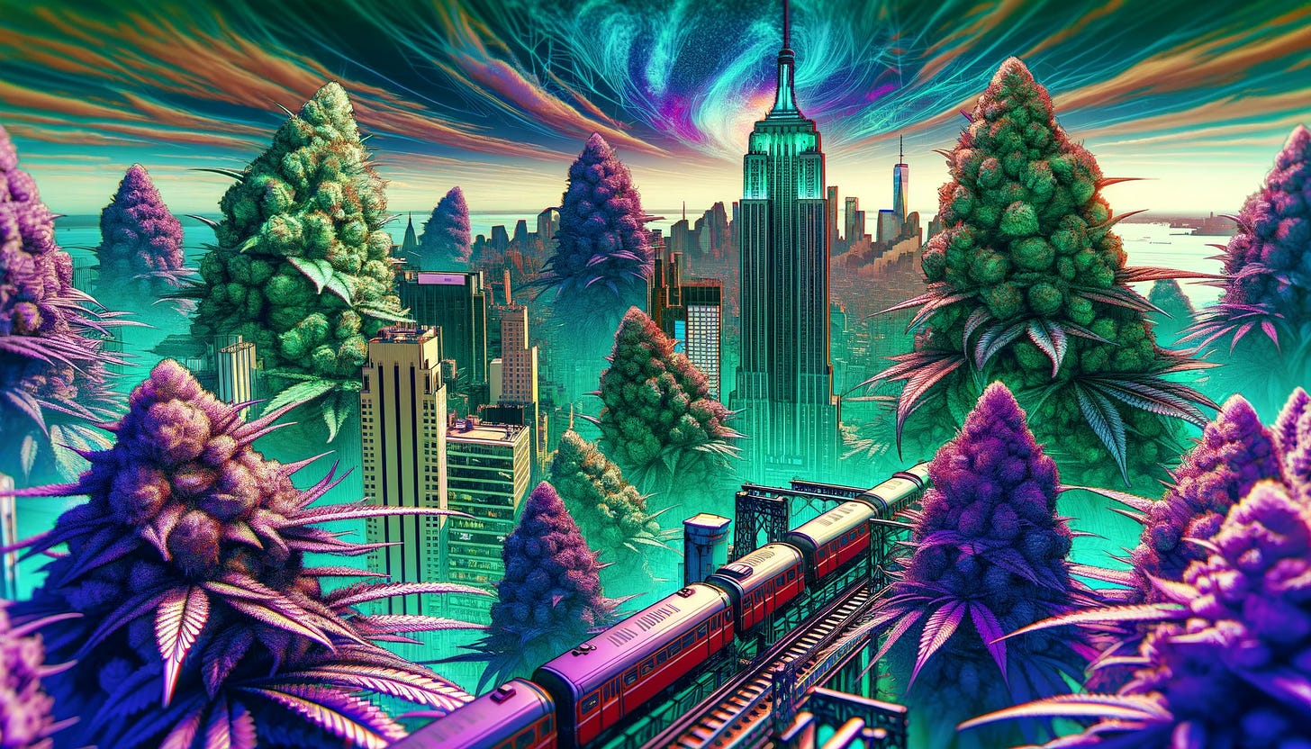 An AI generated image by @808sJake with an NYC skyline and marijuana buds growing as high as the skyscrapers