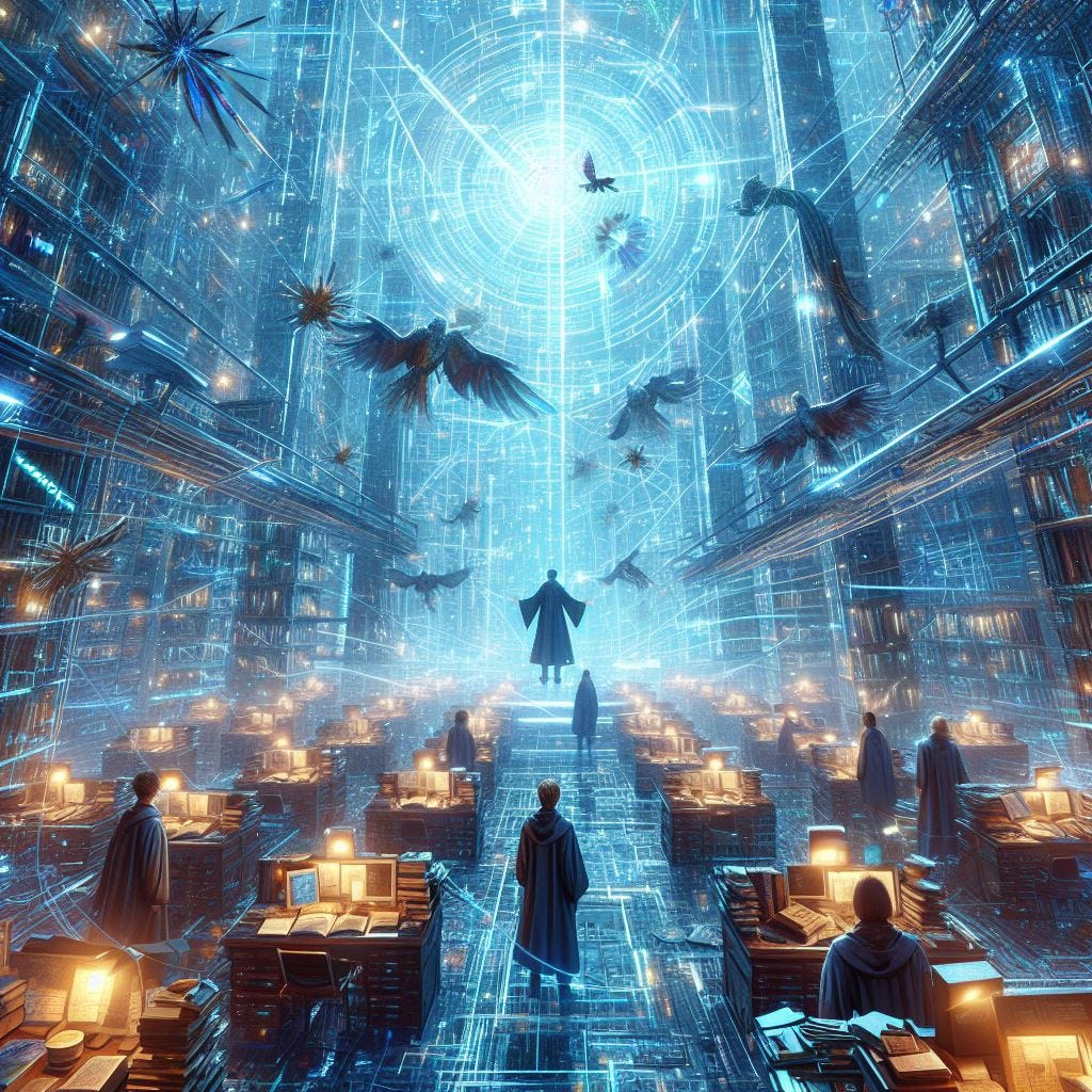 An image of a Harry Potter style fantastical library. It features many reading desks, each featuring a computer screen and stacked with books. The desks are facing a luminous blue vortex of intricate, map-like lines, and the floor looks somewhat like an illuminated circuitboard.