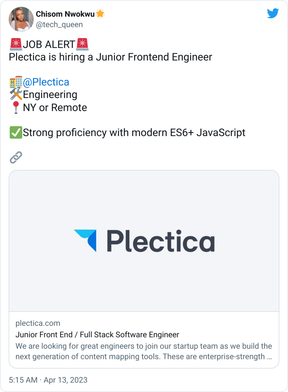 🚨JOB ALERT🚨 Plectica is hiring a Junior Frontend Engineer  🏨 @Plectica  🛠️Engineering 📍NY or Remote  ✅Strong proficiency with modern ES6+ JavaScript