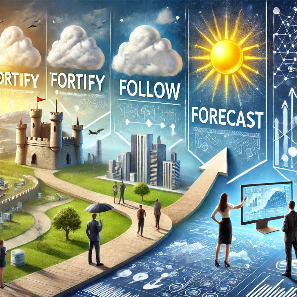 A visually engaging conceptual illustration depicting three pathways to decision-making. The first pathway shows a fortress-like structure symbolizing 'Fortify,' with people preparing and guarding against risks. The second pathway shows an expert pointing to a clear and sunny sky on a weather chart, symbolizing 'Follow' and trusting expert forecasts. The third pathway shows a person analyzing data charts and city maps on a digital screen, symbolizing 'Forecast,' making personal decisions based on gathered information. The overall scene is bright, modern, and optimistic, with a balanced and organized layout. The image reflects clarity, confidence, and smart decision-making.