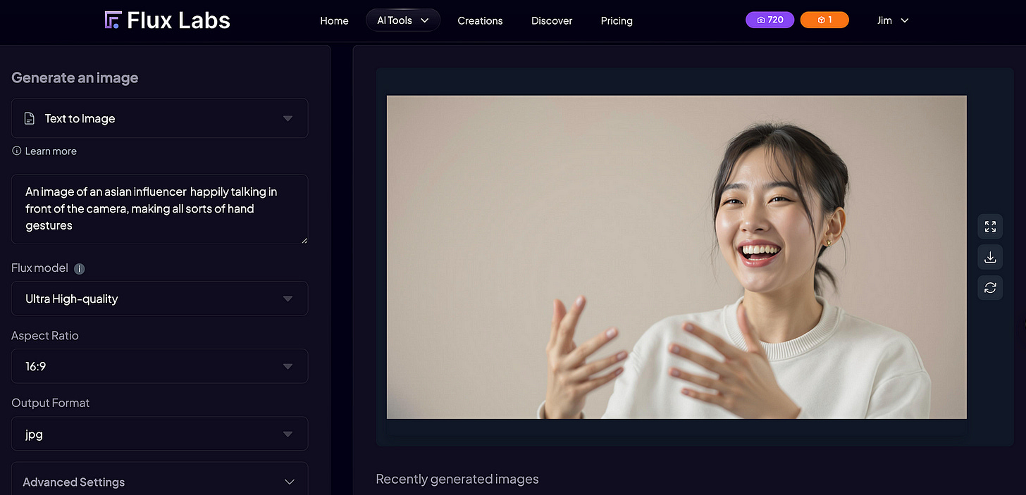 Another cool thing you can do is use a reference image to generate your video. If you don’t have a license-free image, you can create one using Flux Labs AI. Prompt: An image of an asian influencer happily talking in front of the camera, making all sorts of hand gestures