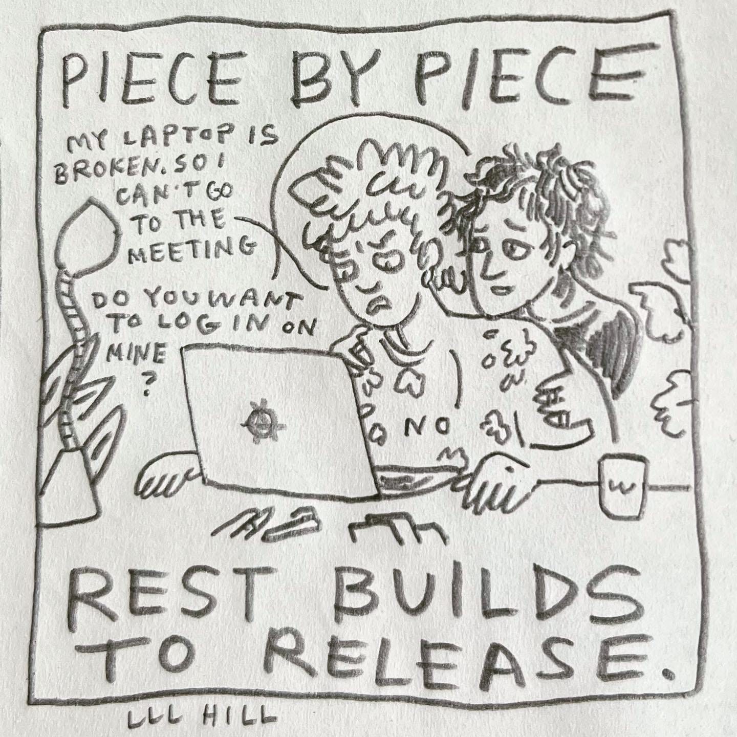 Panel 6: piece by piece rest builds to release Image: Lark is at the desk again on their laptop. Their lover, with short curly dark hair and rings on their fingers, hold their upper arms and leans over their shoulder. Lark frowns, saying "my laptop is broken. So I can't go to the meeting.” Their lover asks “do you want to log in on mine?" Lark replies "no"