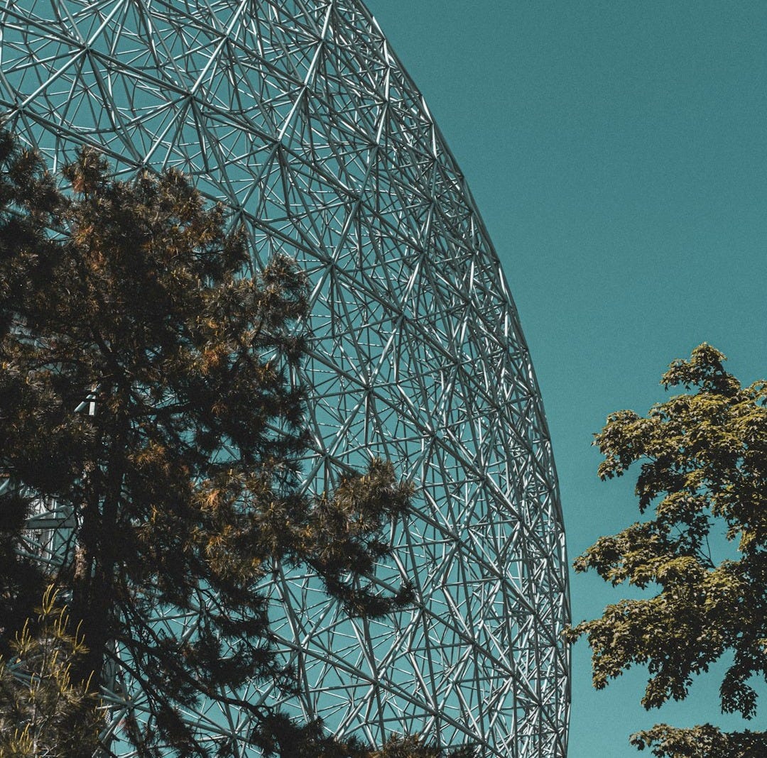 a large metal structure sitting in the middle of a forest