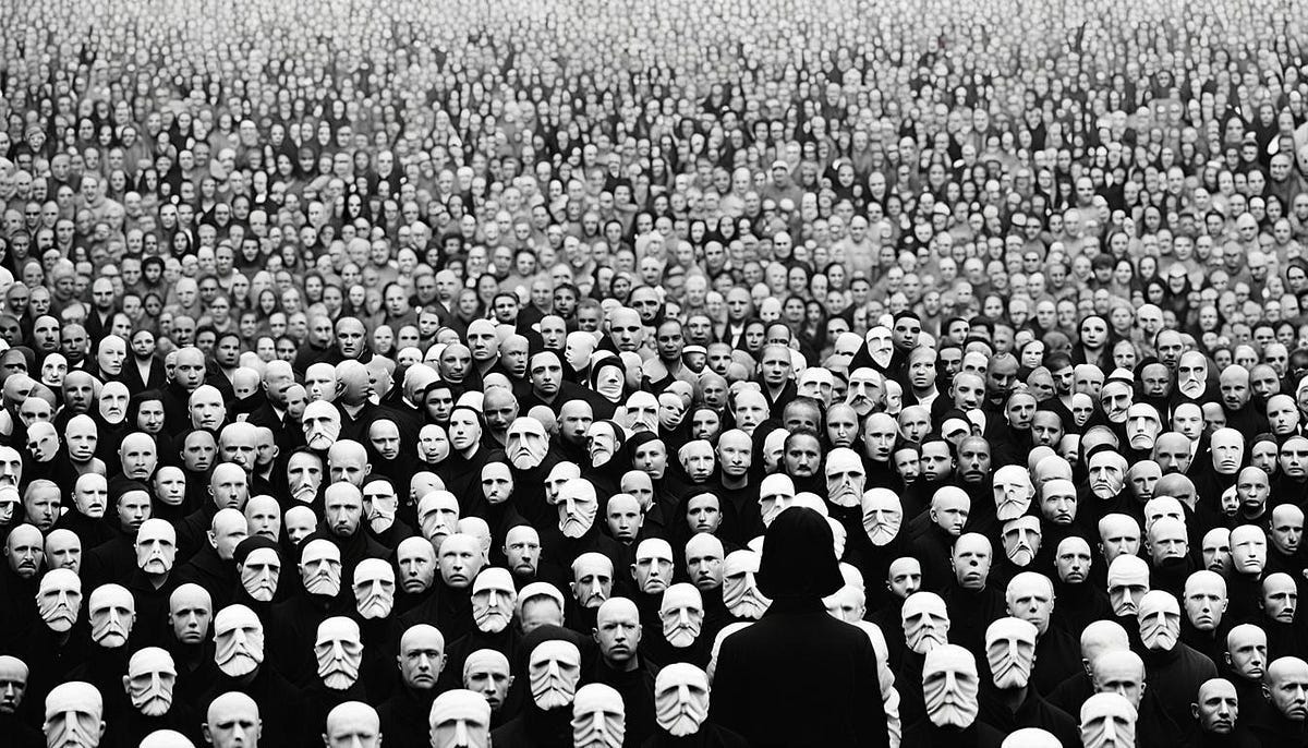 a figure alone in a crowd of spectators