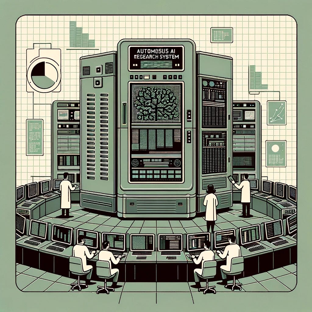 Digital artwork combining mid-century design with pixel art elements, set against a muted sage green background. A large, vintage-styled computer lab is depicted, with grayscale scientists observing data on screens. Central to the scene is a mainframe labeled 'Autonomous AI Research System', from which pixelated documents and insights emerge. The artwork highlights the AI's power to autonomously gather information from high-quality sources and generate comprehensive reports.