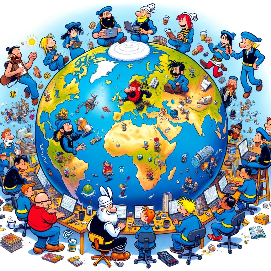 Redraw the globe in the whimsical, cartoonish style of the Asterix and Obelix comics, making Europe and Asia the focus of the illustration. Surround the globe with software developer personas from various regions, especially highlighting those from Europe and Asia. These personas should reflect the unique characteristics, stereotypes, or well-known traits of the software development culture from their respective areas, engaging in activities such as coding on laptops, debugging, discussing around a whiteboard, or taking coffee breaks. The continents of Europe and Asia should be prominently displayed and detailed, with the developer personas depicted in a humorous and dynamic manner, embodying the spirit of camaraderie and the diverse tech landscape of these regions. The overall scene should be vibrant and lively, emphasizing the connected yet diverse world of technology.