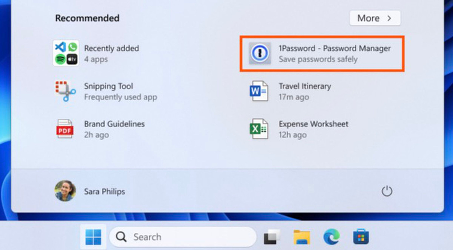 An image of the Windows 11 start menu. 1Password is highlighted with a red box indicating that it is an ad and not currently installed.
